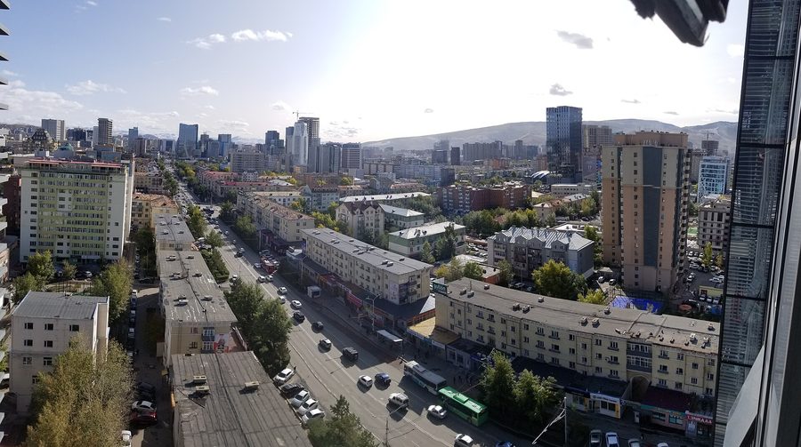 Looking down a main street in central Ulaanbaatar, Mongolia